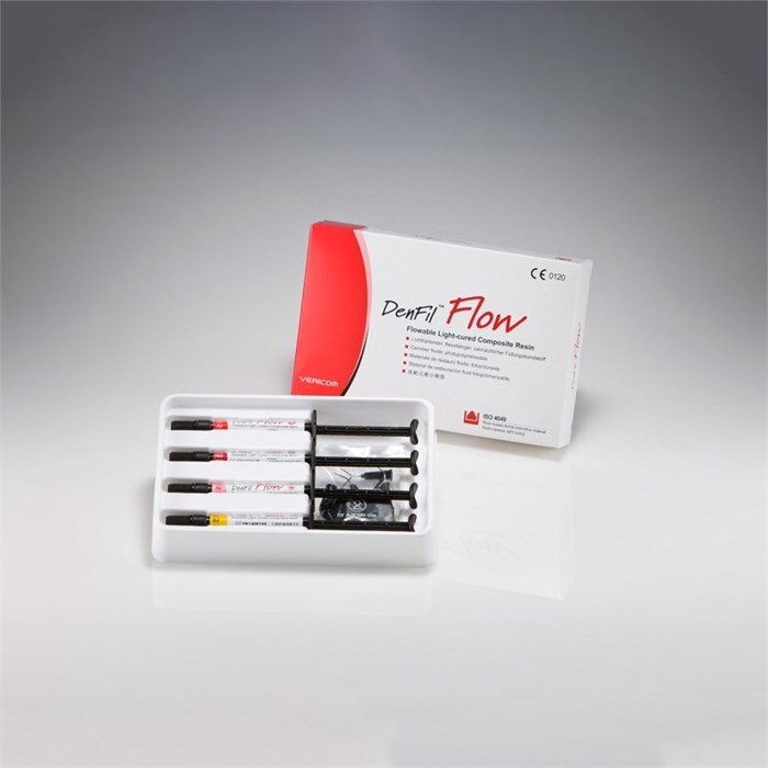 Denfil Flow Ознакомительный набор 4 х 2 г (A2, A3, A3,5, B2) - жидкотекучий светоотверждаемый рентгеноконтрастный композит. FR102-A000 - фото 459145