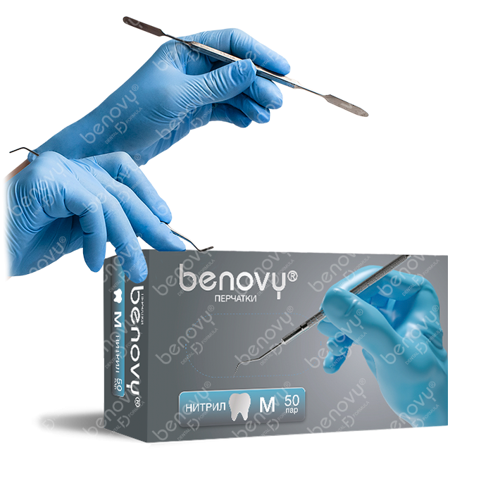Перчатки BENOVY Dental Formula Nitrile Chlorinated Light, нитриловые, текстурированные на пальцах, цвет: ГОЛУБОЙ, 50 пар, размер L DFNLBB04 - фото 459308