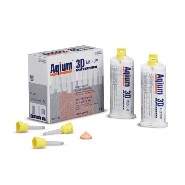 Слепочная масса А - силиконовая Aqium 3D MEDIUM в двойном картридже (2 х 50 мл), насадки смесительные NT желтые - 12 шт./уп. 82531 - фото 460172