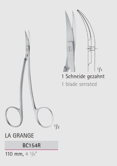 Ножницы препаровальные LA GRANGE, изогнутые, 1 зубчатое лезвие, длина 110 мм BC154R - фото 489439