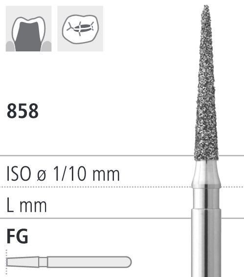 Боры стоматологические алмазные FG 858/010, 6шт. ISO код 314165524010., арт: FGD11/6 FGD11/6 - фото 500919