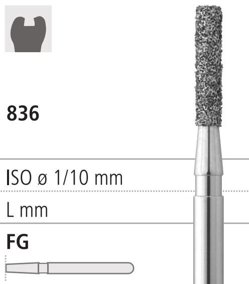 Боры стоматологические алмазные FG 836/014, 6шт. ISO код 314110524014, арт: FG114/6 FG114/6 - фото 502702
