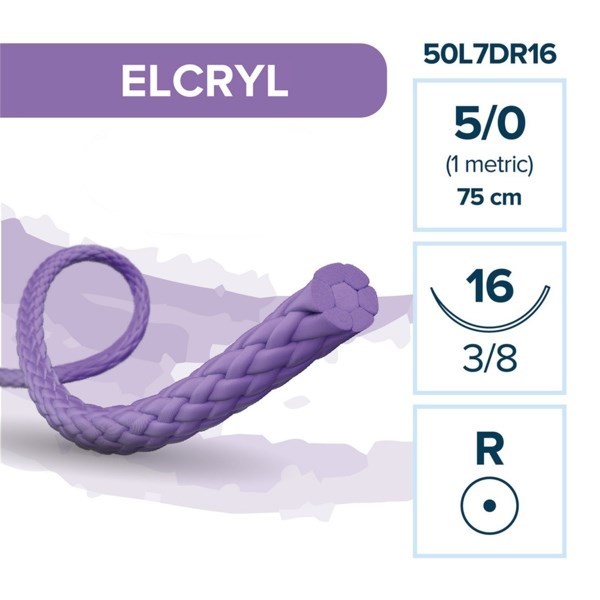 Лактисорб ELCRYL — рассасывающаяся нить, 3/8, колющая игла 16 мм, толщина 5/0(1), 75 см 50L7DR16 - фото 503771