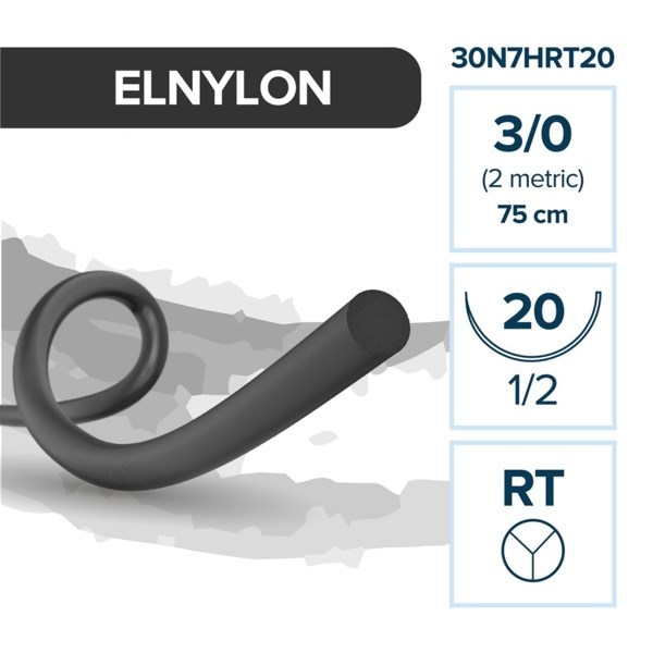 Полиамид ELNYLON — нерассасывающаяся нить, 1/2, таперкат 20 мм, толщина 3/0 (2), 75 см, 12 шт 30N7HRT20 - фото 503823