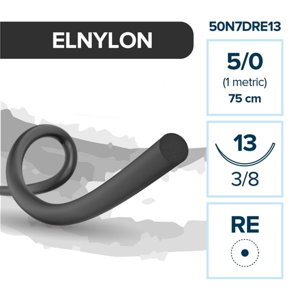 Полиамид ELNYLON — нерассасывающаяся нить, 3/8, колющая игла с квадратным телом 13 мм, толщина 5/0 (1), 75 см, 12 шт 50N7DRE13 - фото 503829