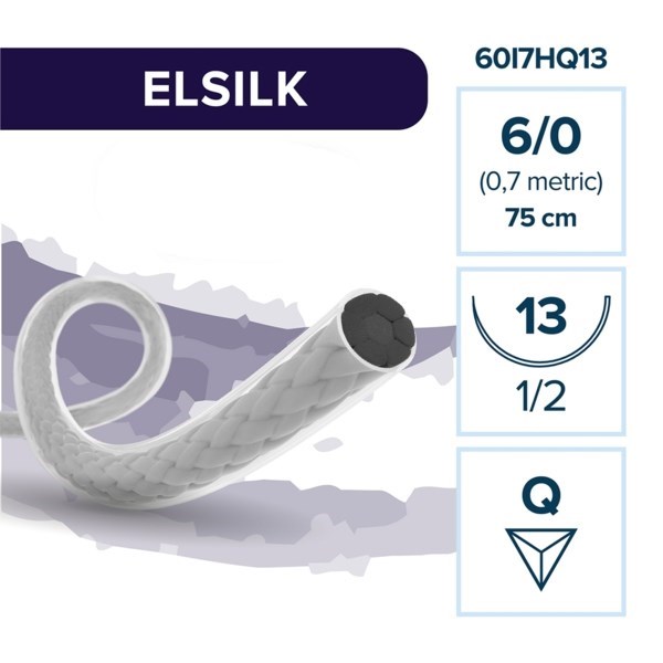 ELSILK S — нерассасывающаяся нить, 1/2, обратно-режущая игла 13 мм, толщина 6/0 (0,7), 75 см, 12 шт 60I7HQ13-(904-031) - фото 503873