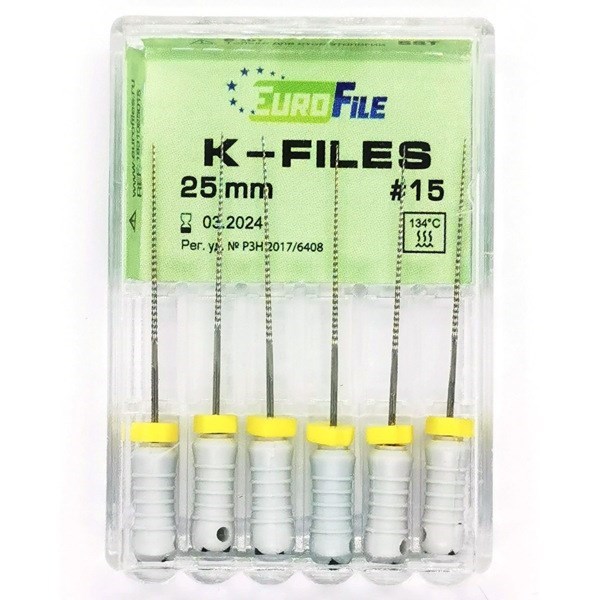 K-Files - ручные файлы, 25 мм, №15, сталь, 6 шт 1831025015-/-18301025015 - фото 533718