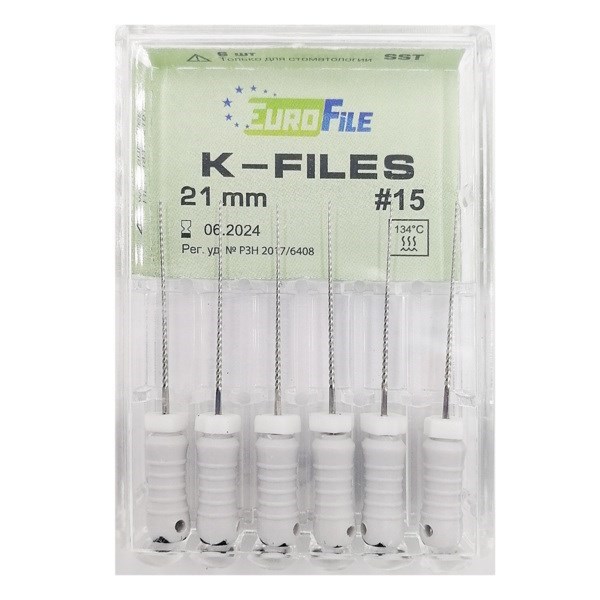 K-Files - ручные файлы, 21 мм, №15, сталь, 6 шт 1831021015-/-18301021015 - фото 533744